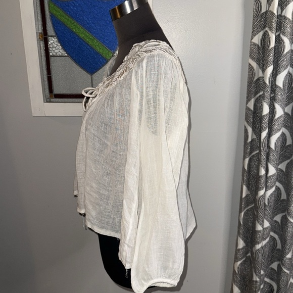 Calypso St. Barth Beaded Neckline Semi Sheer Gauzy Cotton Cropped Blouse - Picture 4 of 10